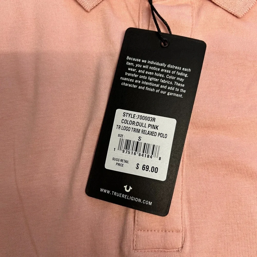 NWT True Religion Polo Shirt Mens Small Pink Logo Trim Relaxed Fit Cotton Tee